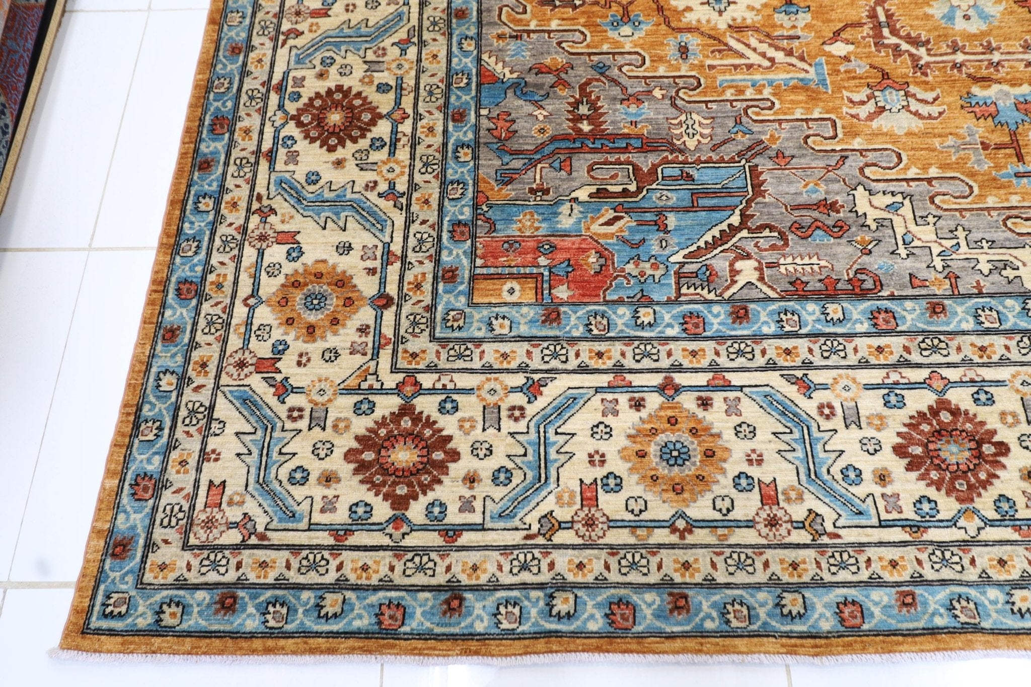 12x18 ft Gold Heriz Area Rug, Afghan Hand Knotted Veg Dye Wool Rug, Bedroom Rug, Rug for Living Room, Tribal Rug, Large Size Rug, Big Rug - Jerm Rugs - Jerm Rugs