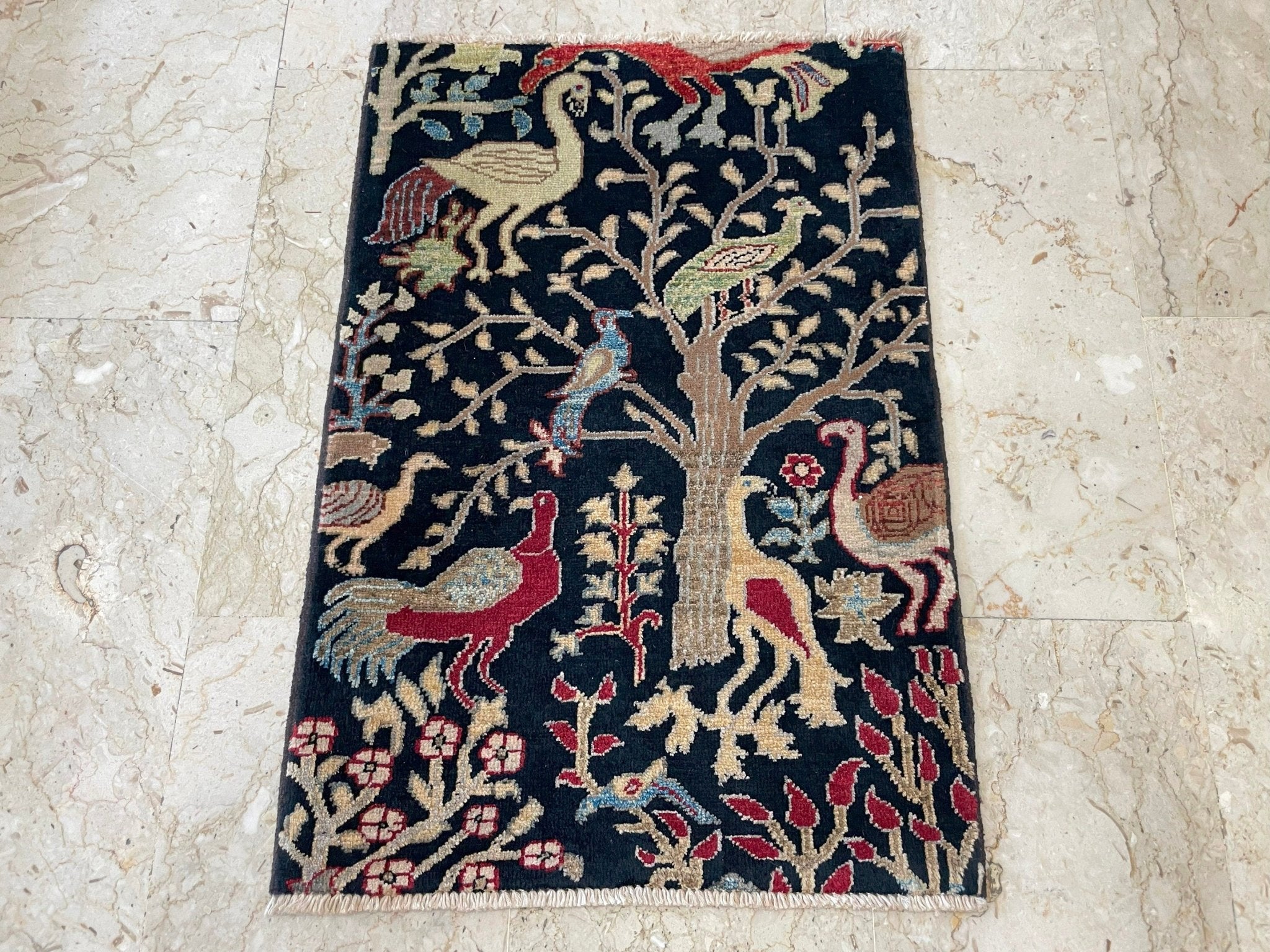 2x3 ft Birds Navy Blue Doormat Rug, Afghan Hand Knotted Soft wool Rug, Bedroom Rug, Small Rug, Kitchen Rug, Kids Room Rug, Office Rug - Jerm Rugs - Handmade Afghan Rug - Jerm Rugs