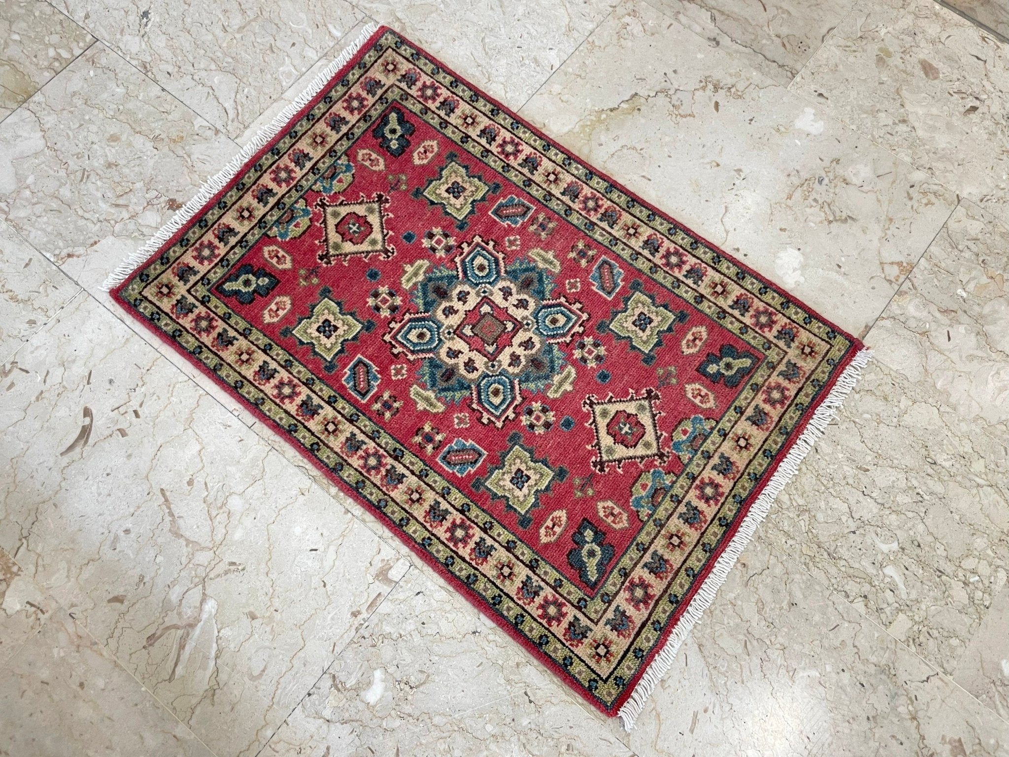 2x3 ft Kazak Doormat Rug, 1'11x2'10 ft Afghan Hand Knotted Rug, Bedroom Rug, Small Rug, Kitchen Rug, Kids Room Rug, Office Rug, Bathroom Rug - Jerm Rugs - Handmade Afghan Rug - Jerm Rugs