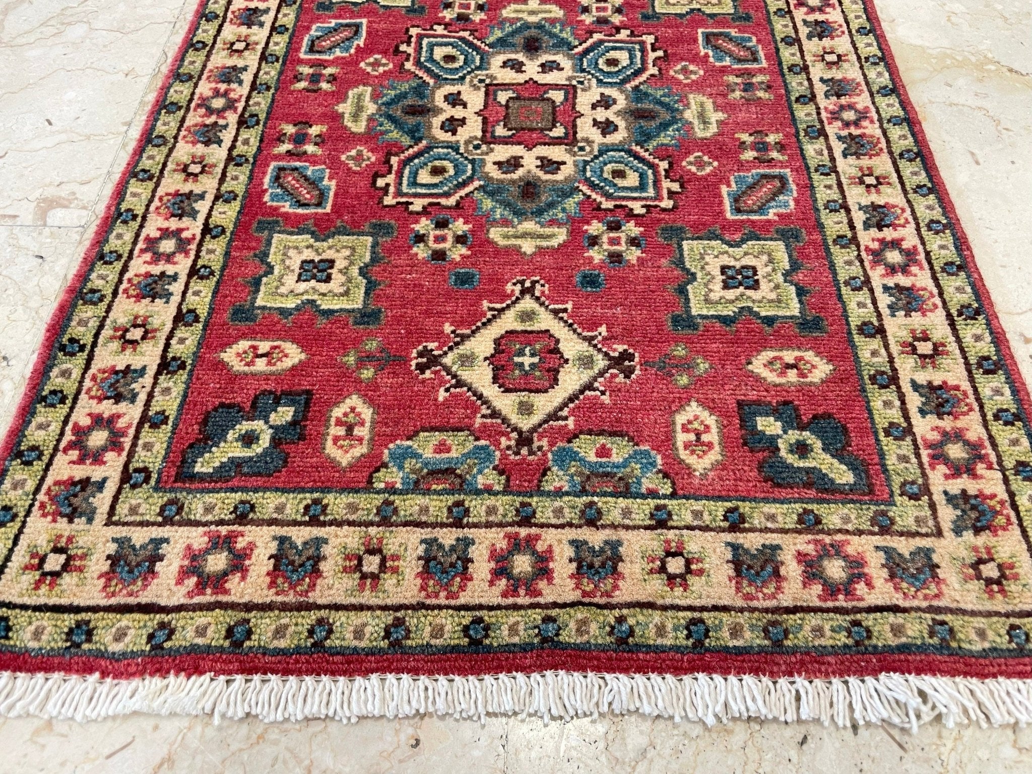 2x3 ft Kazak Doormat Rug, 1'11x2'10 ft Afghan Hand Knotted Rug, Bedroom Rug, Small Rug, Kitchen Rug, Kids Room Rug, Office Rug, Bathroom Rug - Jerm Rugs - Handmade Afghan Rug - Jerm Rugs