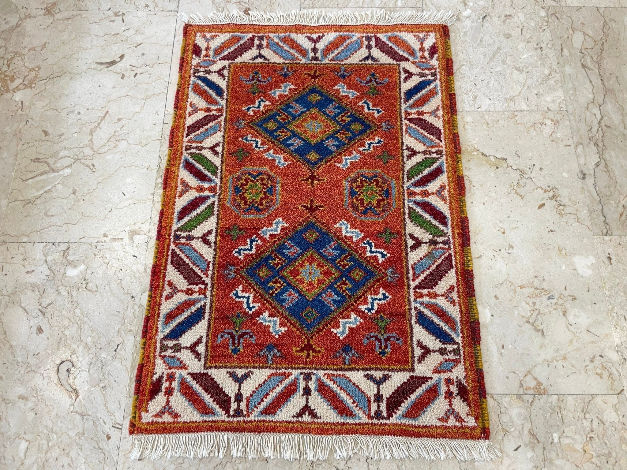 2x3 ft Kazak Doormat Rug, Afghan Hand Knotted Rug, Bedroom Rug, Small Rug, Kitchen Rug, Kids Room Rug, Office Rug, Bathroom Rug, - Jerm Rugs - Handmade Afghan Rug - Jerm Rugs