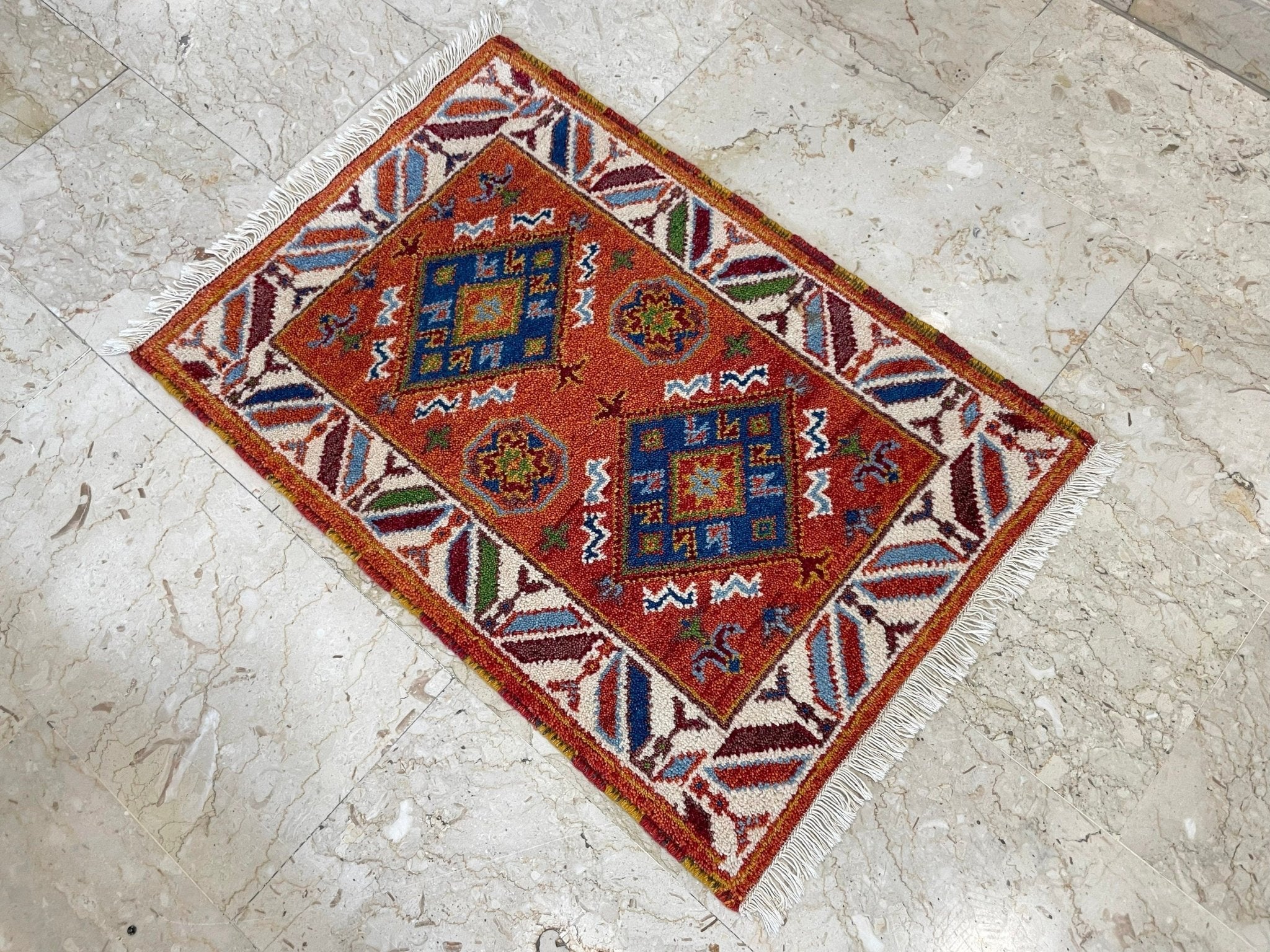 2x3 ft Kazak Doormat Rug, Afghan Hand Knotted Rug, Bedroom Rug, Small Rug, Kitchen Rug, Kids Room Rug, Office Rug, Bathroom Rug,