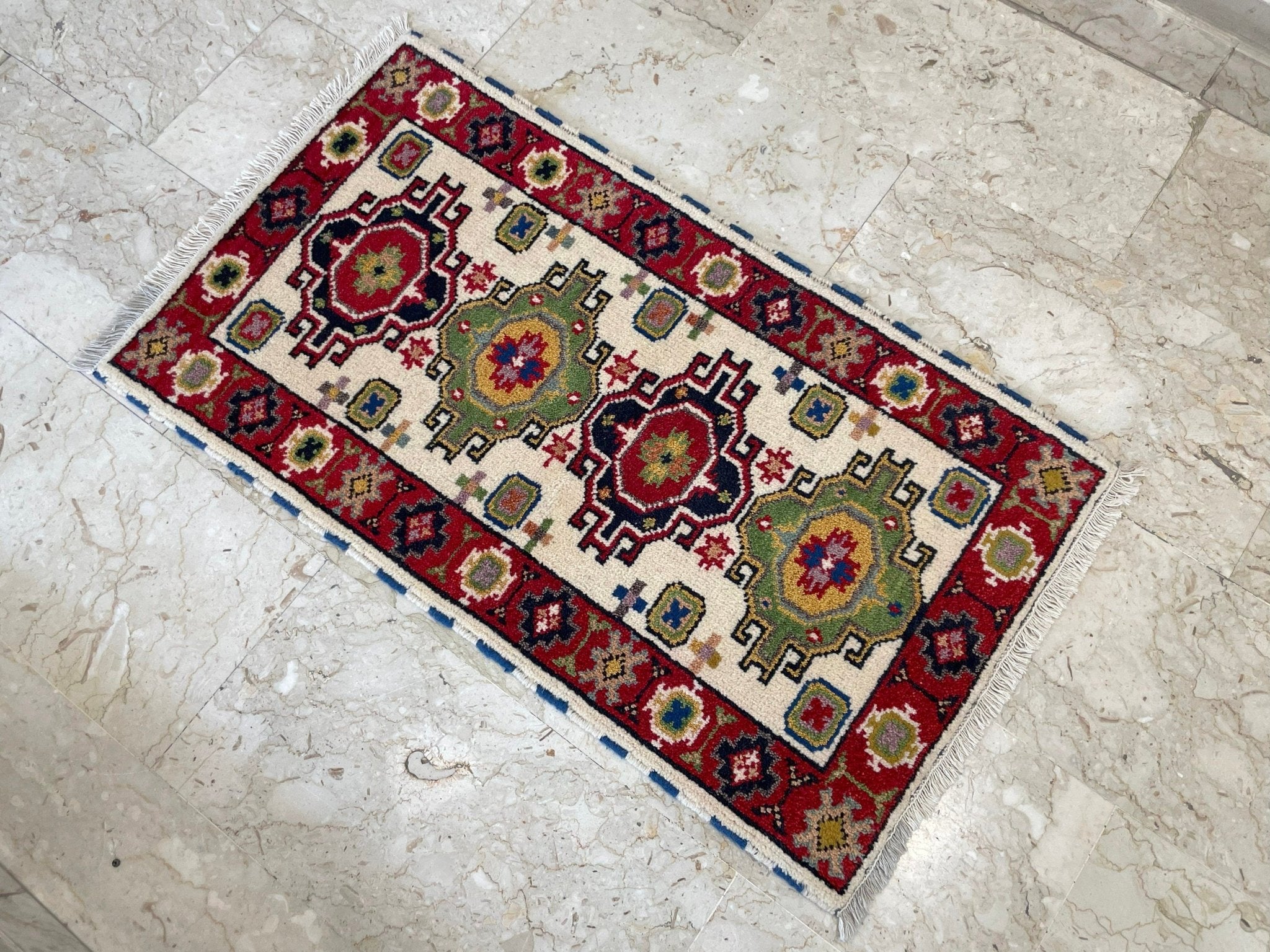 2x4 ft Kazak Doormat Rug, 2'2x3'10 ft Afghan Hand Knotted Soft wool Rug, Bedroom Rug, Small Rug, Kitchen Rug, Kids Room Rug, Office Rug - Jerm Rugs - Handmade Afghan Rug - Jerm Rugs