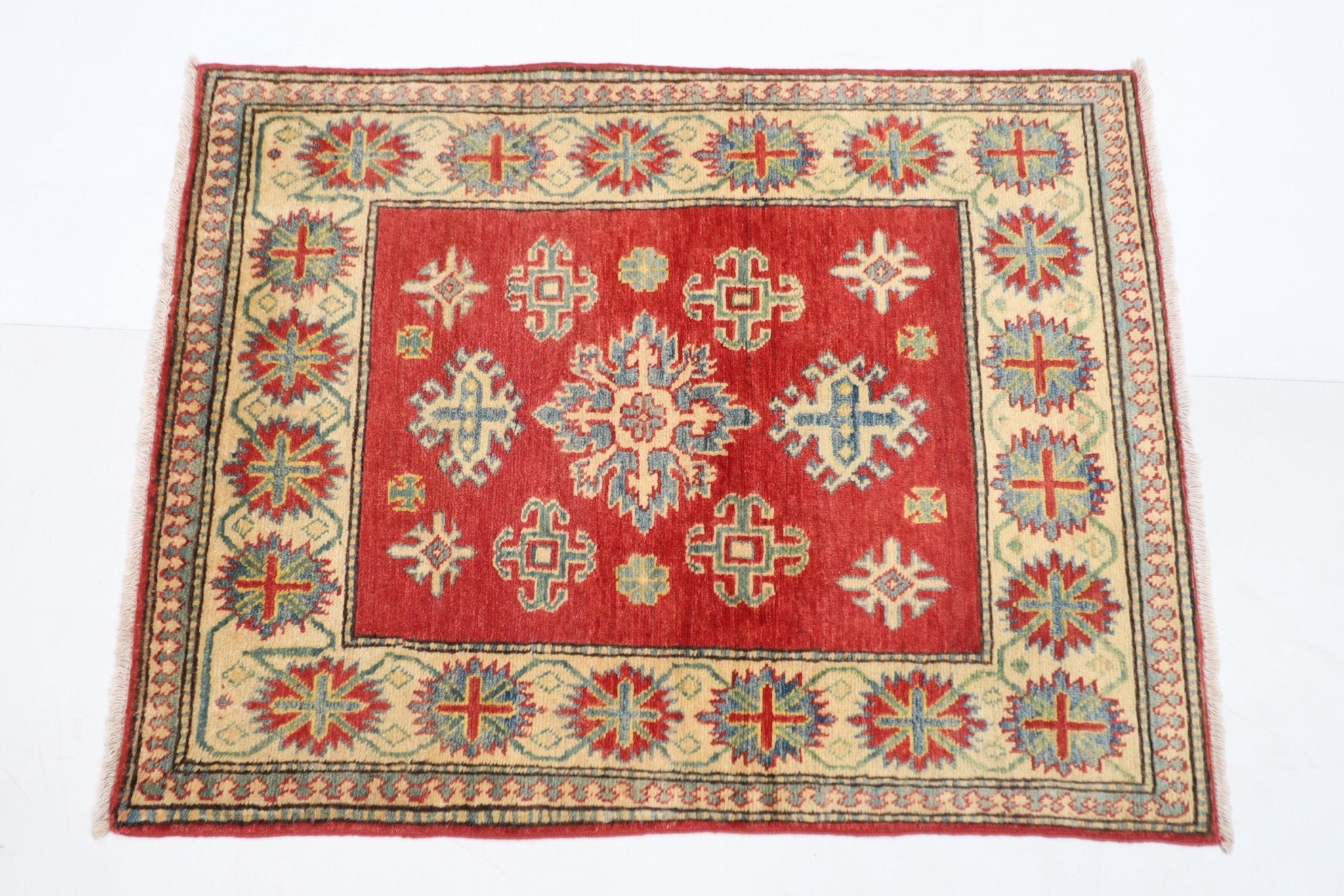 3x4 ft Kazak Red Tribal Doormat Rug, Afghan Hand Knotted Rug, Bedroom Rug, Kitchen Rug, Kids Room Rug, Small Rug, Bathroom Rug, Boha Rug, - Jerm Rugs - Handmade Afghan Rug - Jerm Rugs