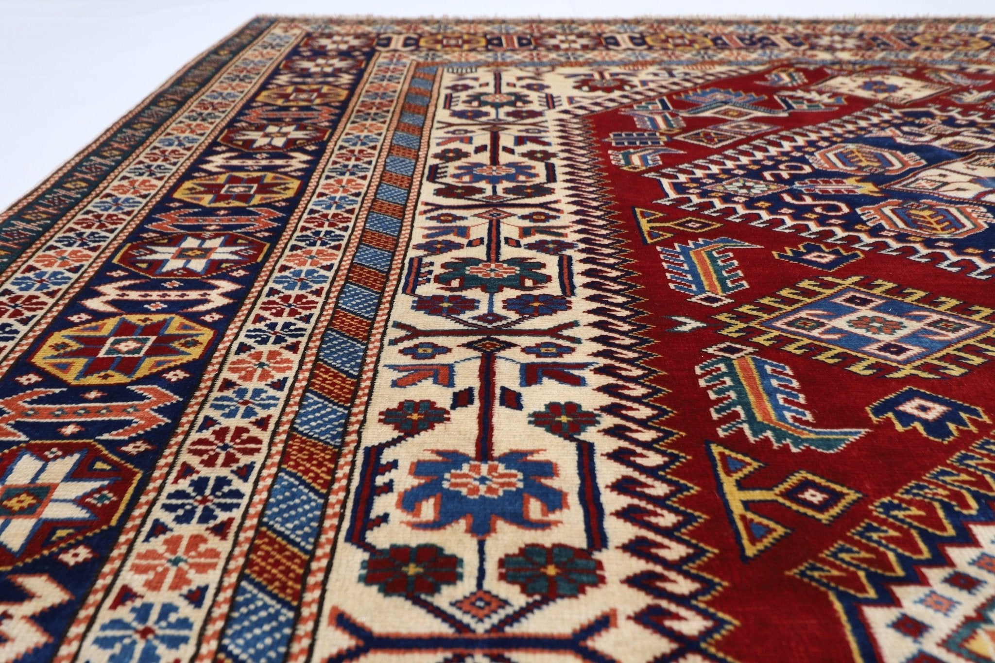 Azerbaijan - Inspired Hand - Knotted Afghan Wool Rug - 190x248 cm (6'3"x8'2") - Perfect for Bedroom, Living Room, and Office Decor - Jerm Rugs - Handmade Afghan Rug - Jerm Rugs