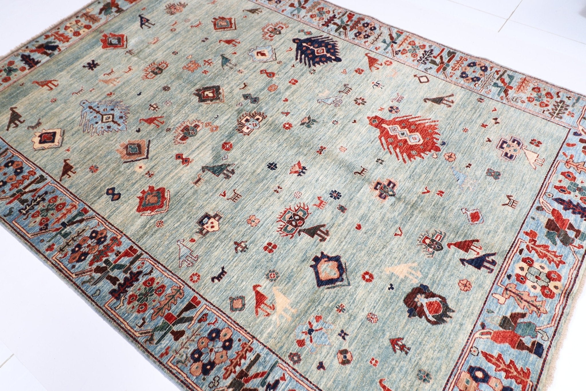 Gabbeh - 6x8.8 ft (183x263 cm) Soft Blue Animal Area Rug - Jerm Rugs - Handmade Afghan Rug - Jerm Rugs