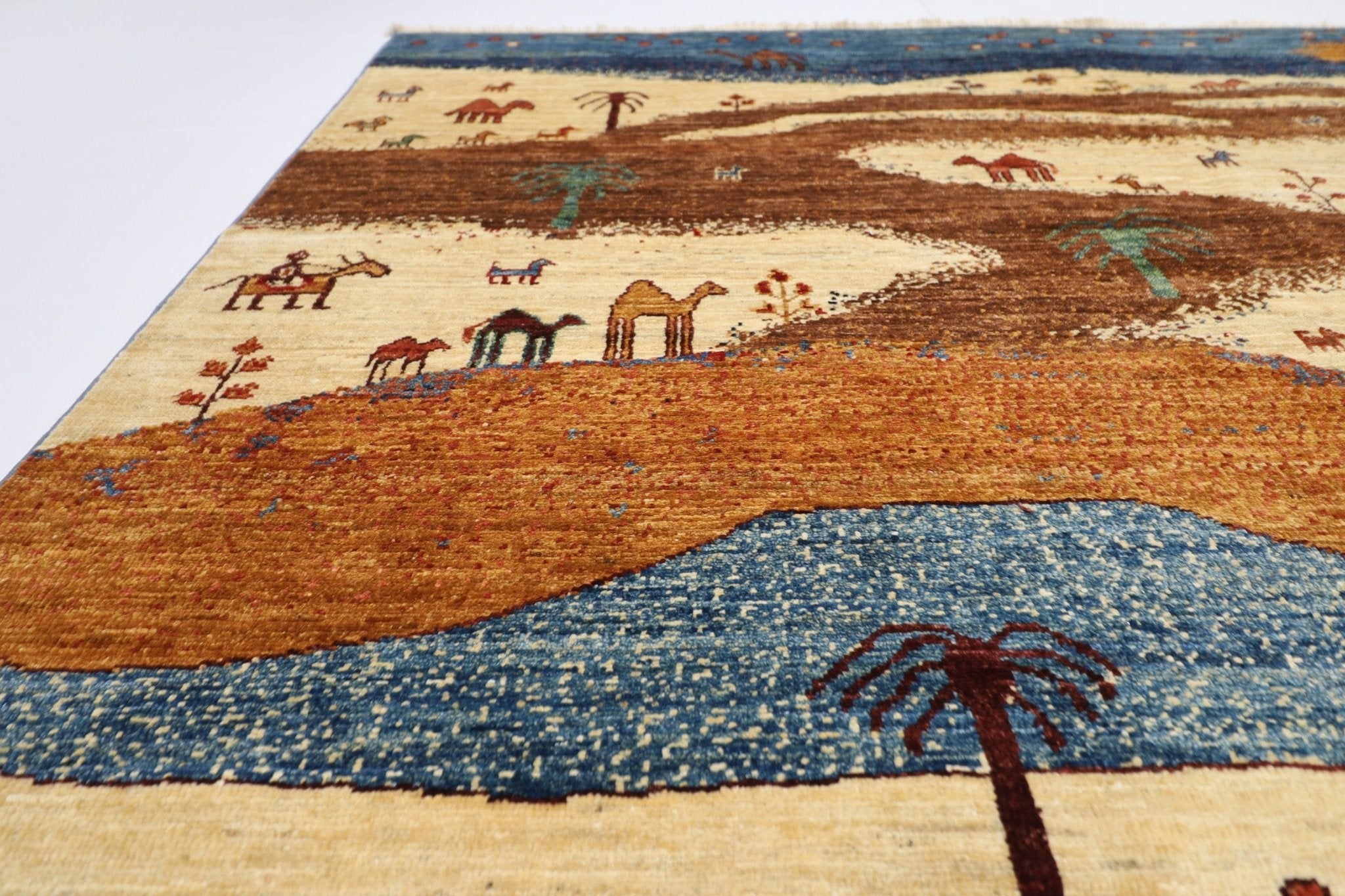 Gabbeh Rug - 5'11x8'9 ft (180x266 cm) Beige Brown Blue Tribal Landscape - Jerm Rugs - Handmade Afghan Rug - Jerm Rugs