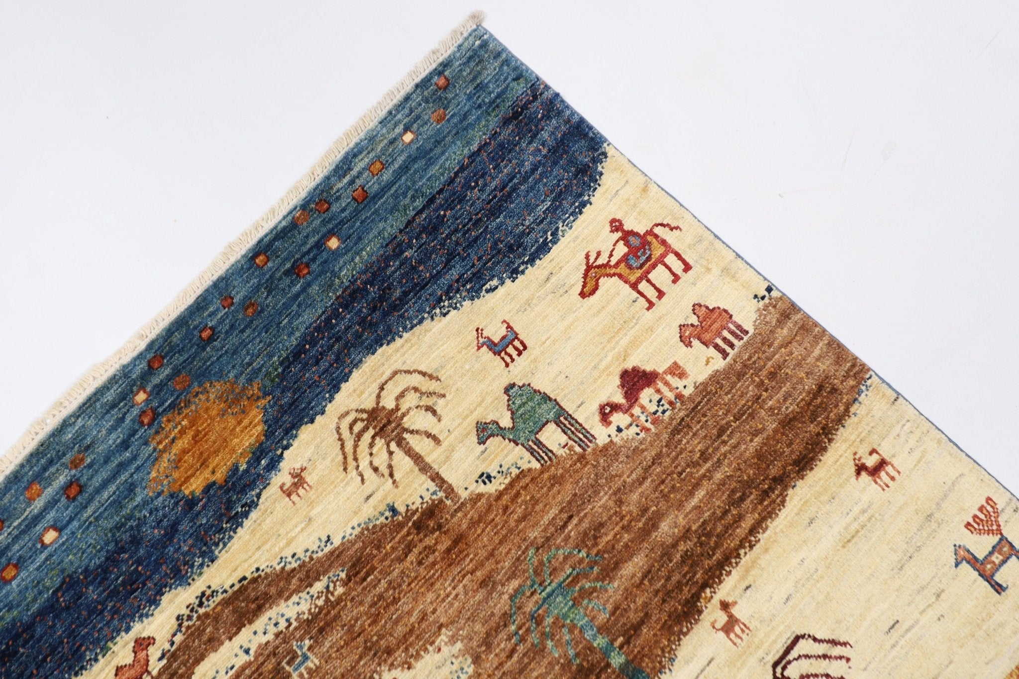 Gabbeh Rug - 5'11x8'9 ft (180x266 cm) Beige Brown Blue Tribal Landscape - Jerm Rugs - Handmade Afghan Rug - Jerm Rugs