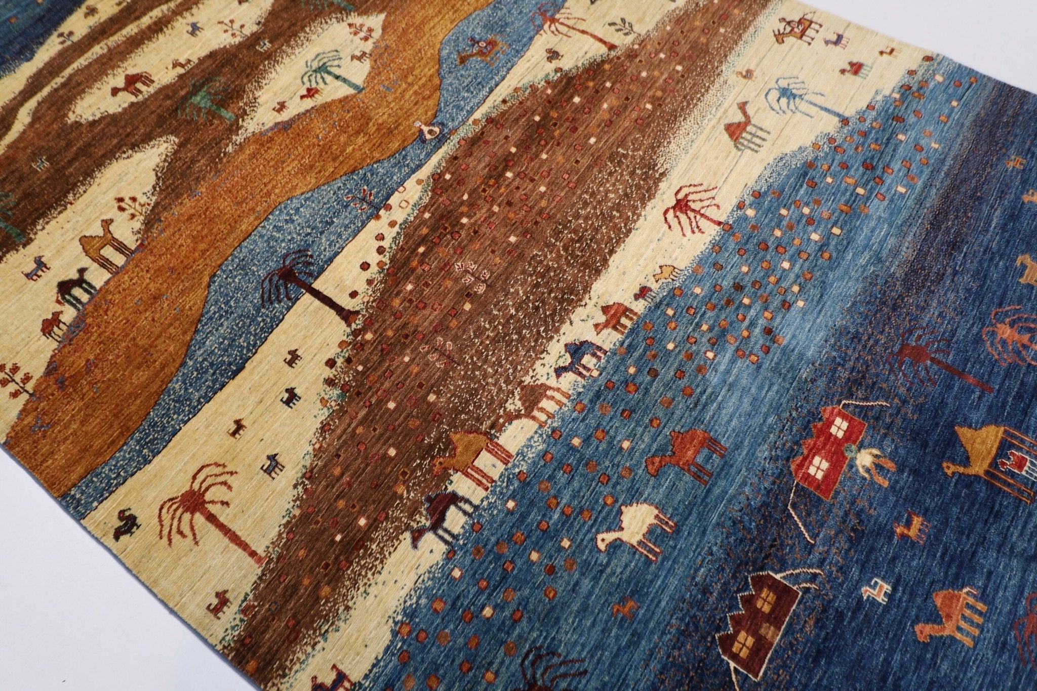 Gabbeh Rug - 5'11x8'9 ft (180x266 cm) Beige Brown Blue Tribal Landscape - Jerm Rugs - Handmade Afghan Rug - Jerm Rugs