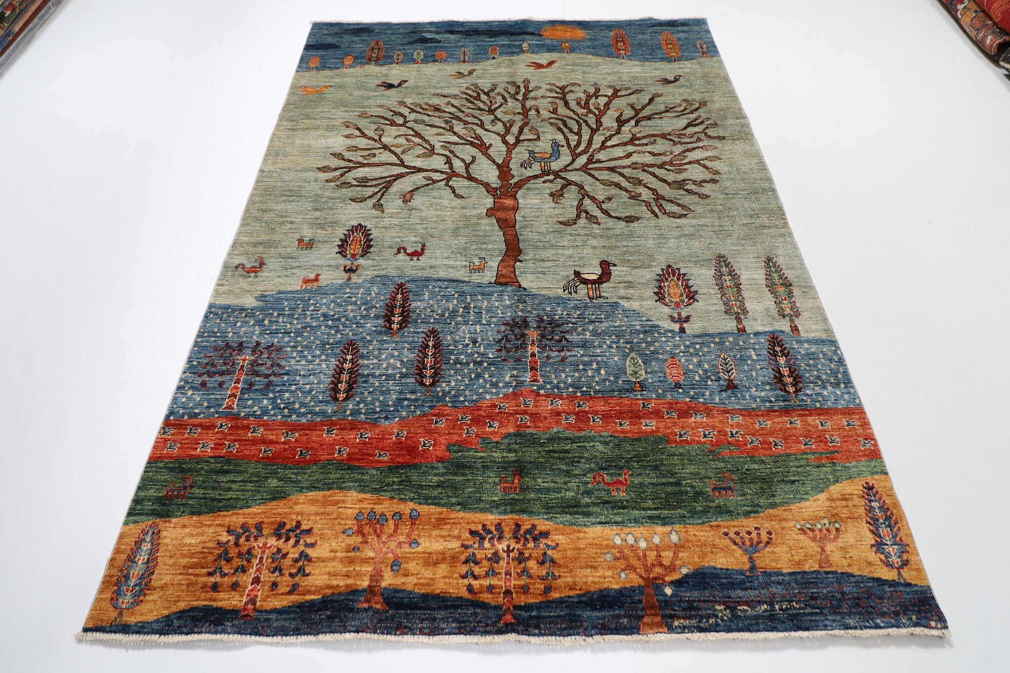 Tribal Landscape Animal Area Rug - 176x242 cm (5.10x8 ft) Hand-Knotted Afghan Carpet