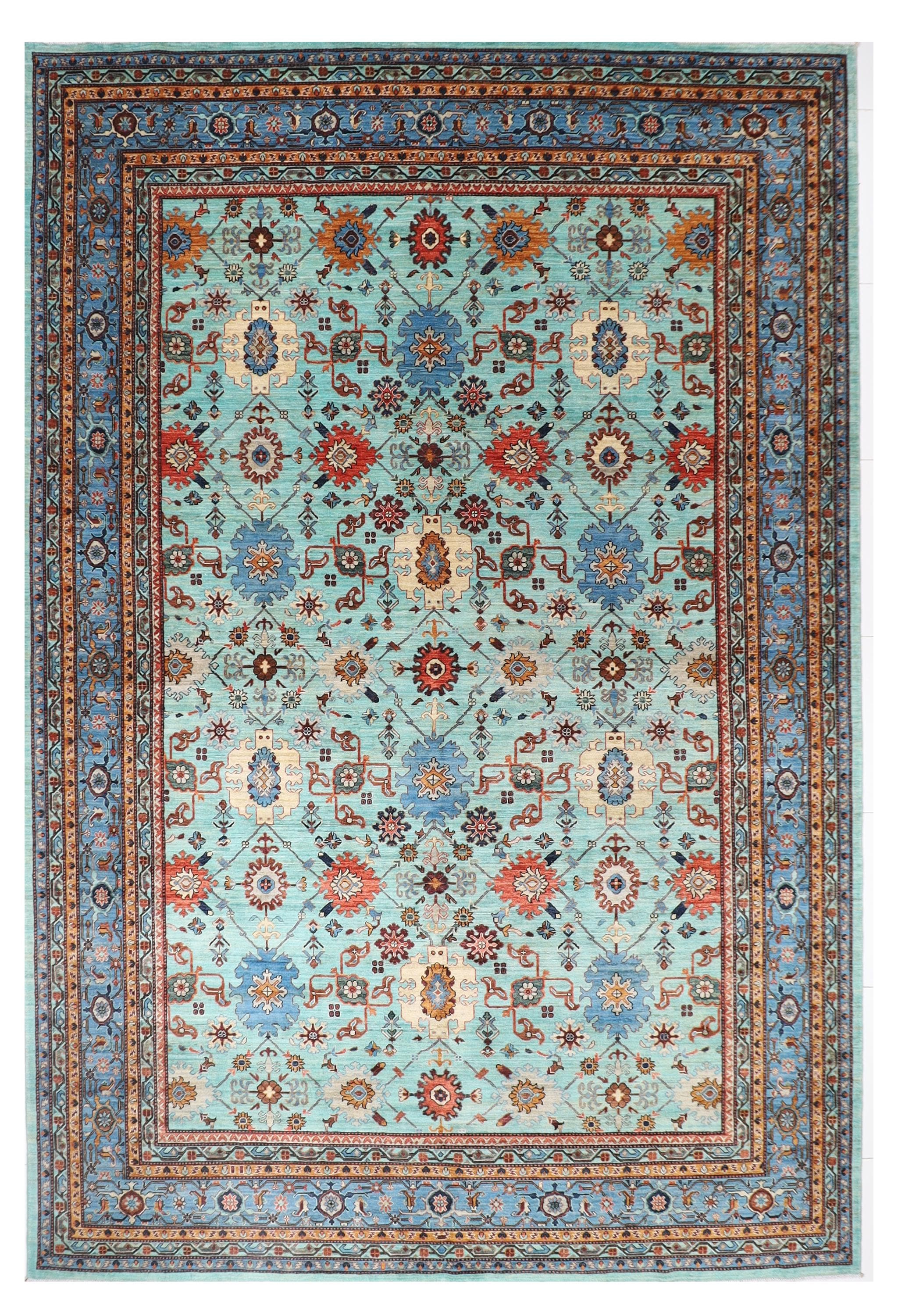 Tribal - 304 x 425 cm, 10 x 14 ft Hand Knotted Turquoise Area Rug