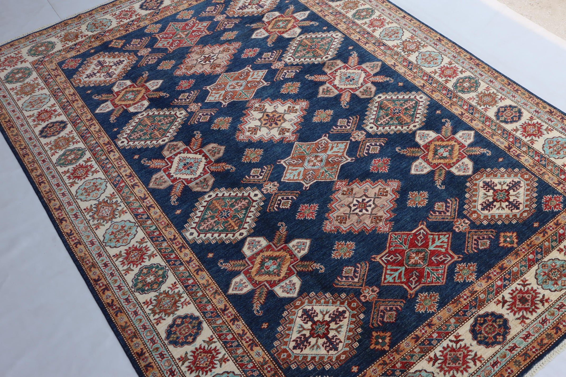 9x12 FT Kazak Tribal Rug - Navy Afghan Hand knotted Veg dyes wool Tribal rug -Oriental rug - Office rug - Living Room Rug - Kids Room Rug