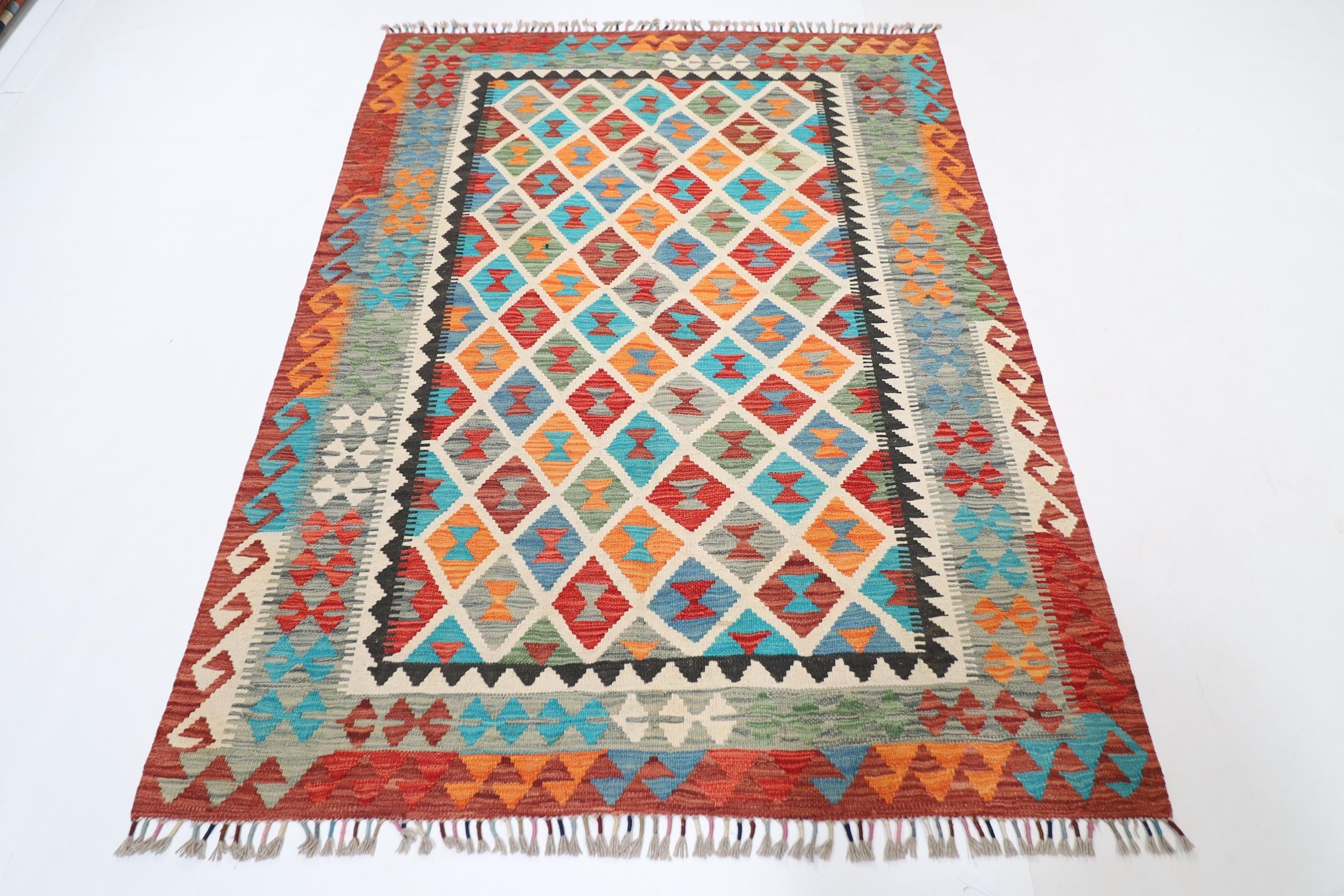 Kilim - 155 x 202 cm Hand Knotted Afghan Wool Area Rug