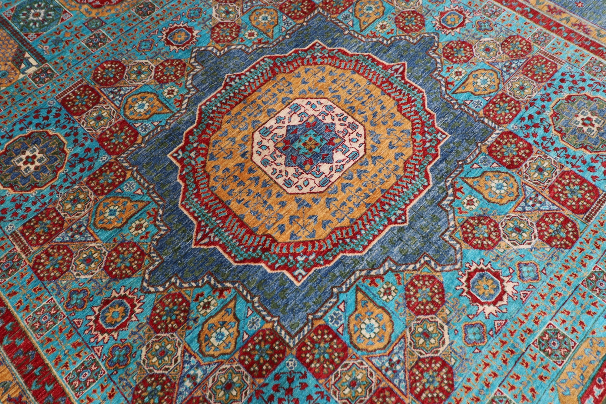 Mamluk - 309 x 422 cm (10.2 x 13.10 ft) Hand Knotted Turquoise Wool Area Rug