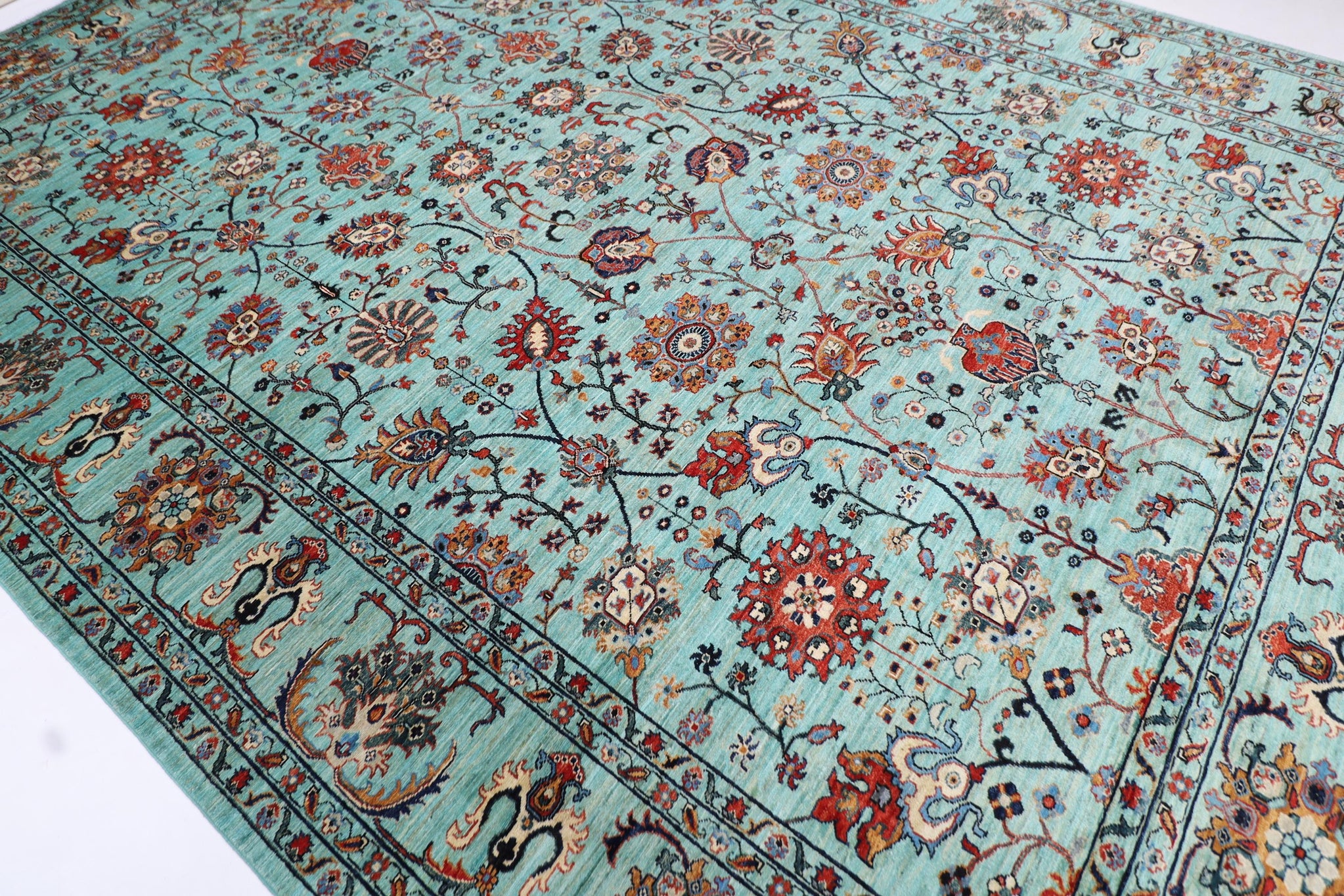 Sultani - 309 x 420 cm, 10.2 x 13.10 ft Hand Knotted Turquoise Wool Area Rug