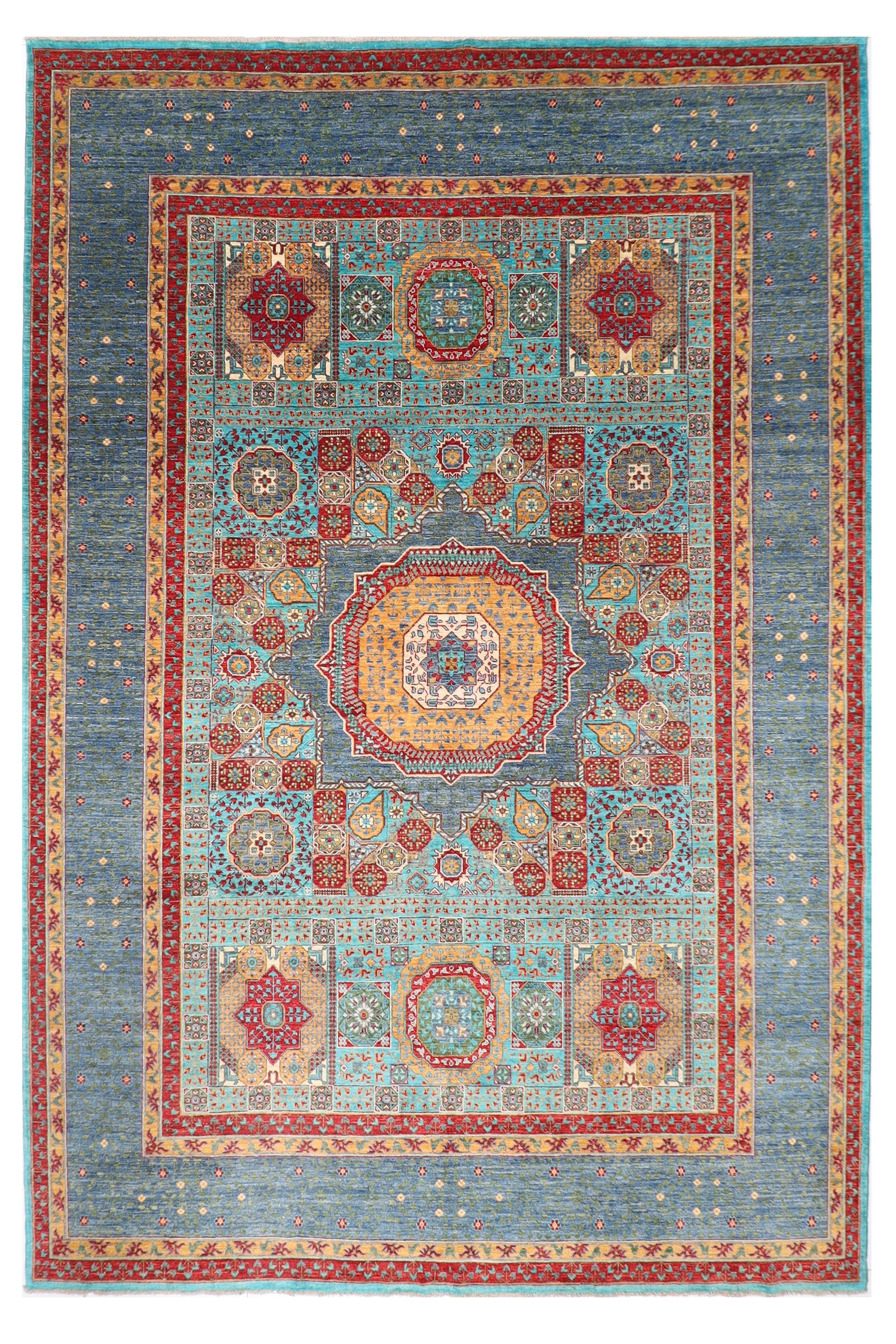 Mamluk - 309 x 422 cm (10.2 x 13.10 ft) Hand Knotted Turquoise Wool Area Rug