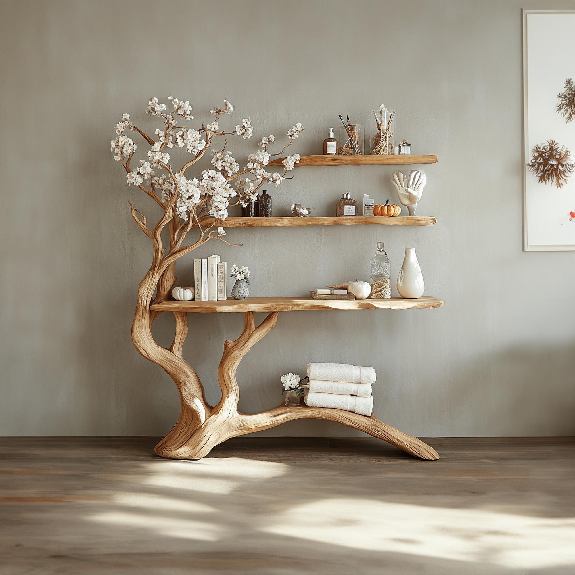 Handcrafted Wooden Console Table with Tree-Shaped Bookshelf