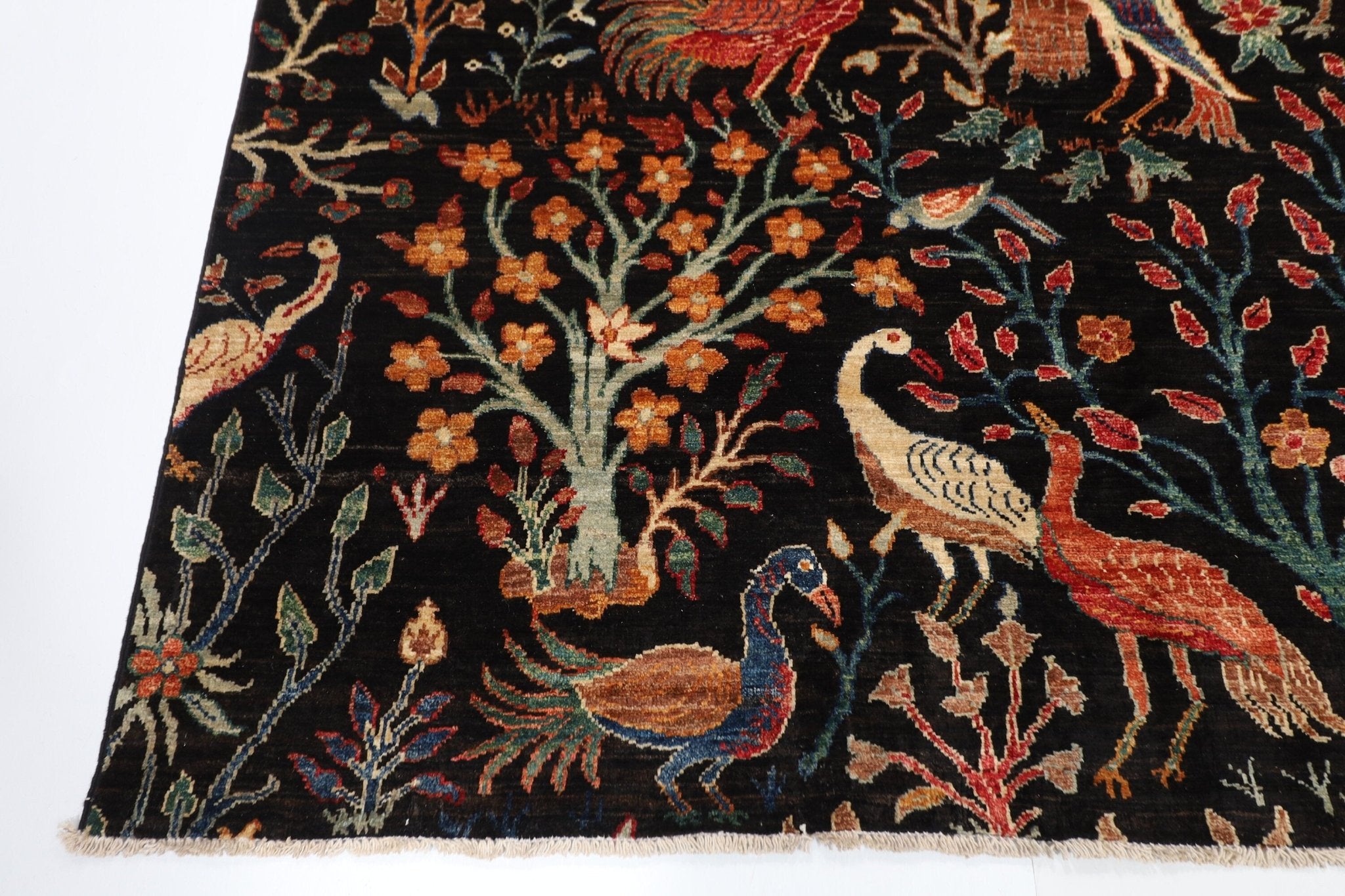 Kazak - 188 x 278 cm (6'2 x 9'2 ft) Black Birds Wool Area Rug - Jerm Rugs - Handmade Afghan Rug - Jerm Rugs