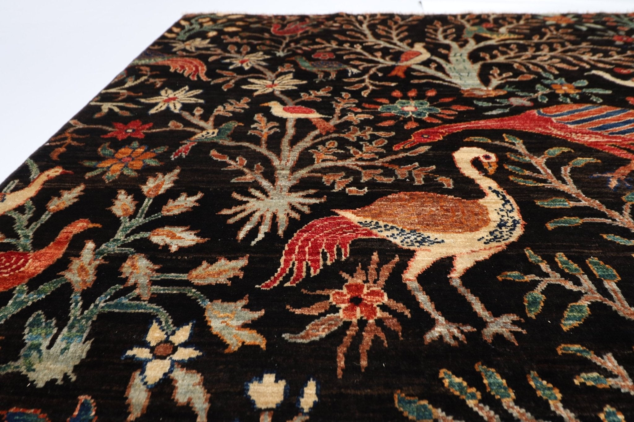 Kazak - 188 x 278 cm (6'2 x 9'2 ft) Black Birds Wool Area Rug - Jerm Rugs - Handmade Afghan Rug - Jerm Rugs