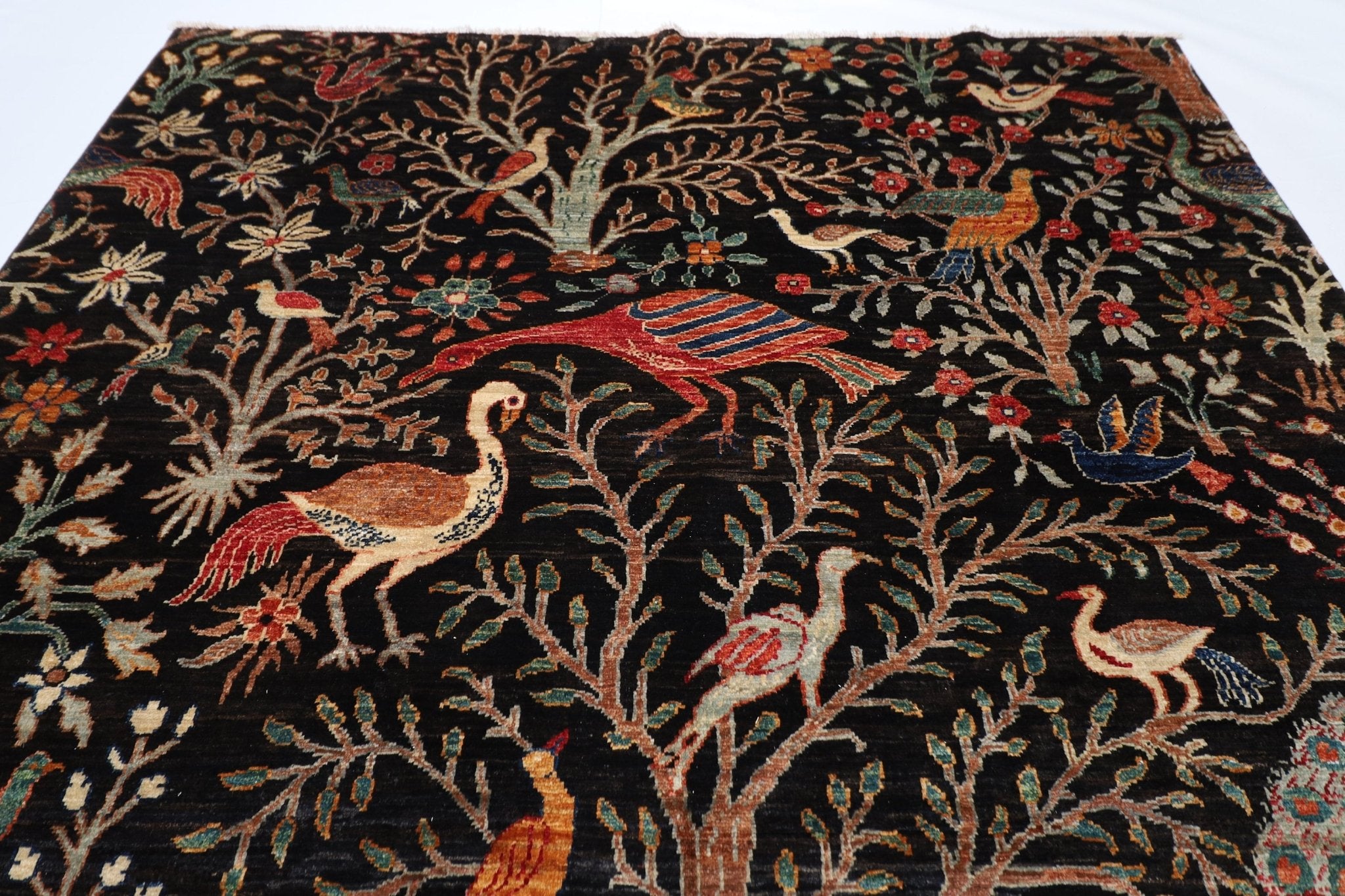 Kazak - 188 x 278 cm (6'2 x 9'2 ft) Black Birds Wool Area Rug - Jerm Rugs - Handmade Afghan Rug - Jerm Rugs