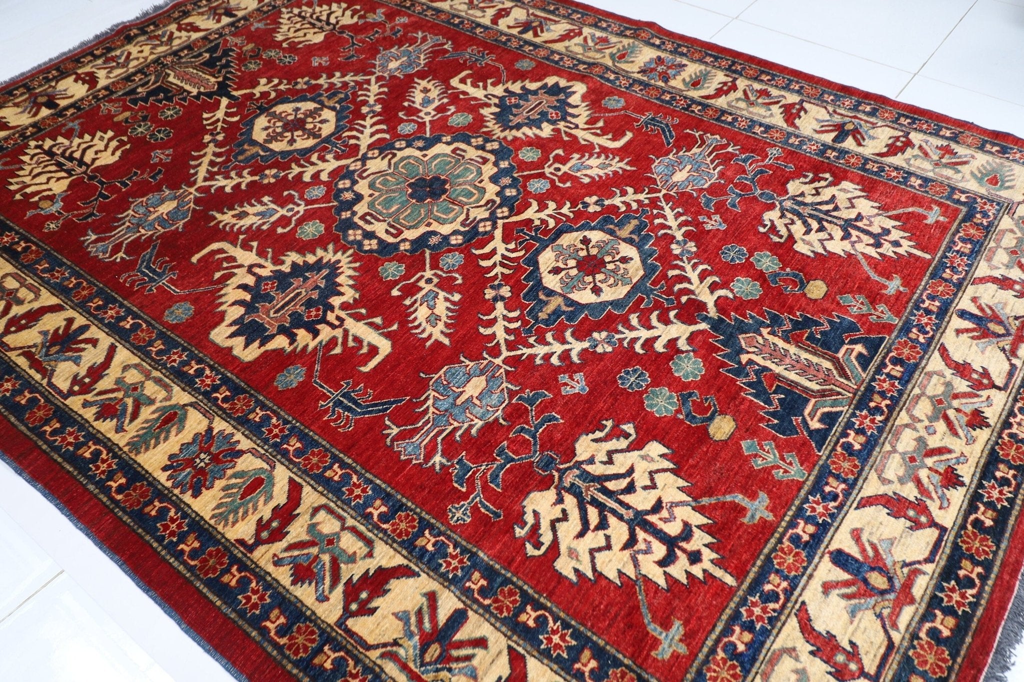 Kazak - 221x293 cm (7'3"x9'8") Afghan Hand - Knotted Wool Area Rug - Jerm Rugs - Jerm Rugs