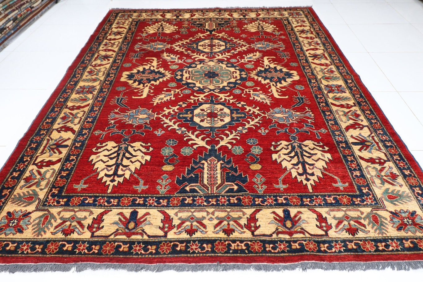 Kazak - 221x293 cm (7'3"x9'8") Afghan Hand-Knotted Wool Area Rug