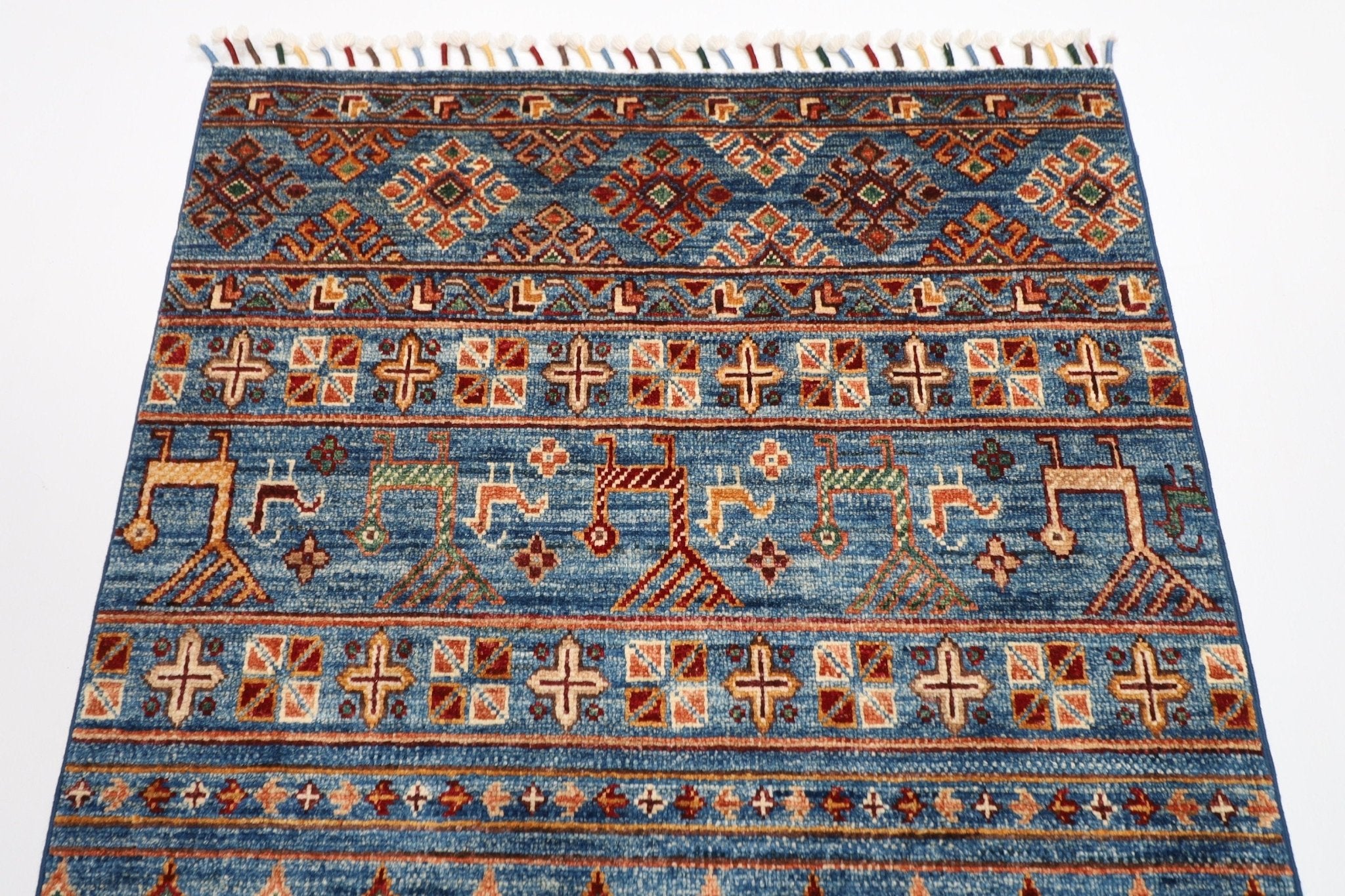 Kazak - 92 x 155 cm (3 x 5.2 ft) Tribal Blue Animal Area Rug - Jerm Rugs - Handmade Afghan Rug - Jerm Rugs