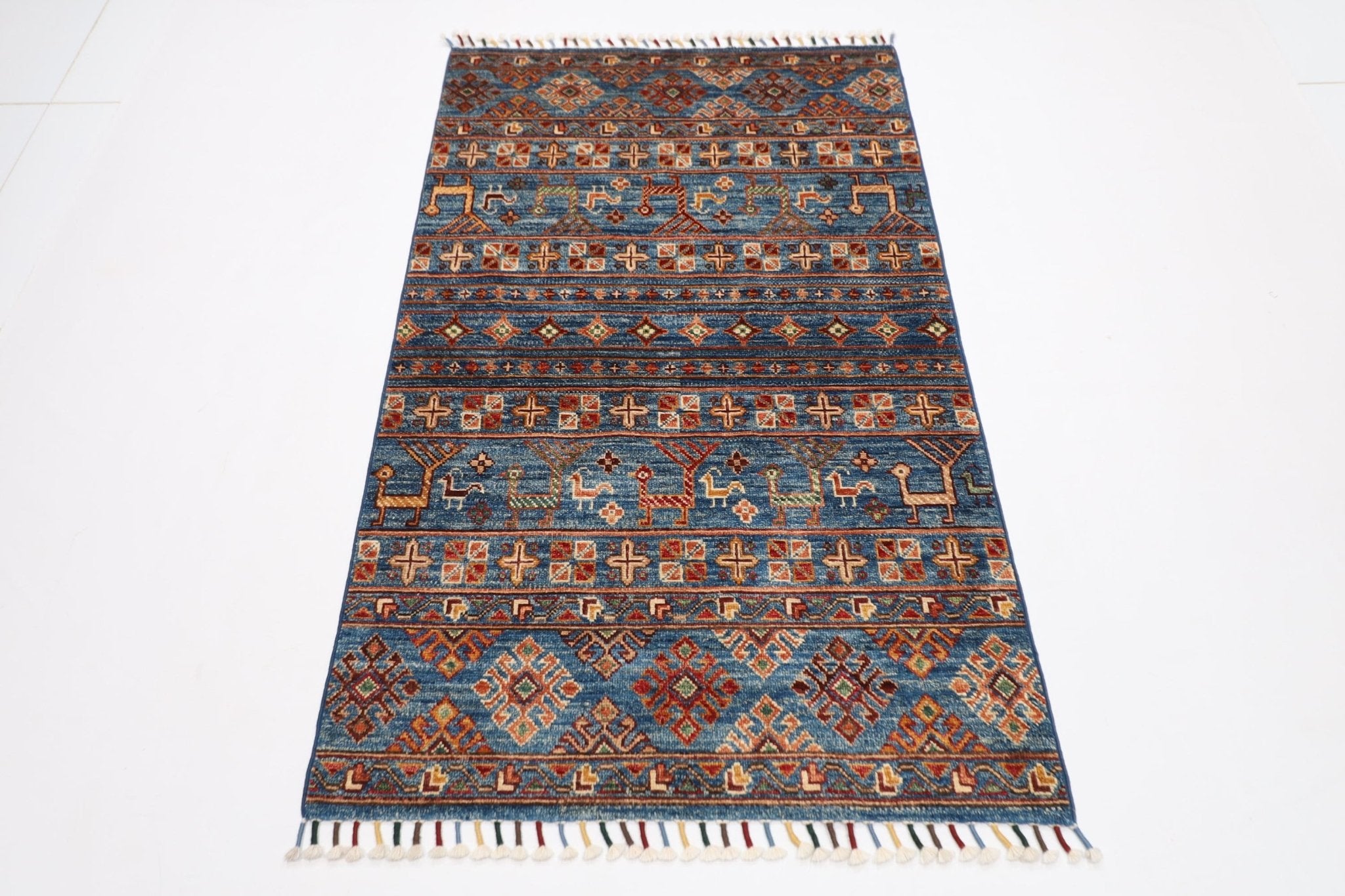 Kazak - 92 x 155 cm (3 x 5.2 ft) Tribal Blue Animal Area Rug