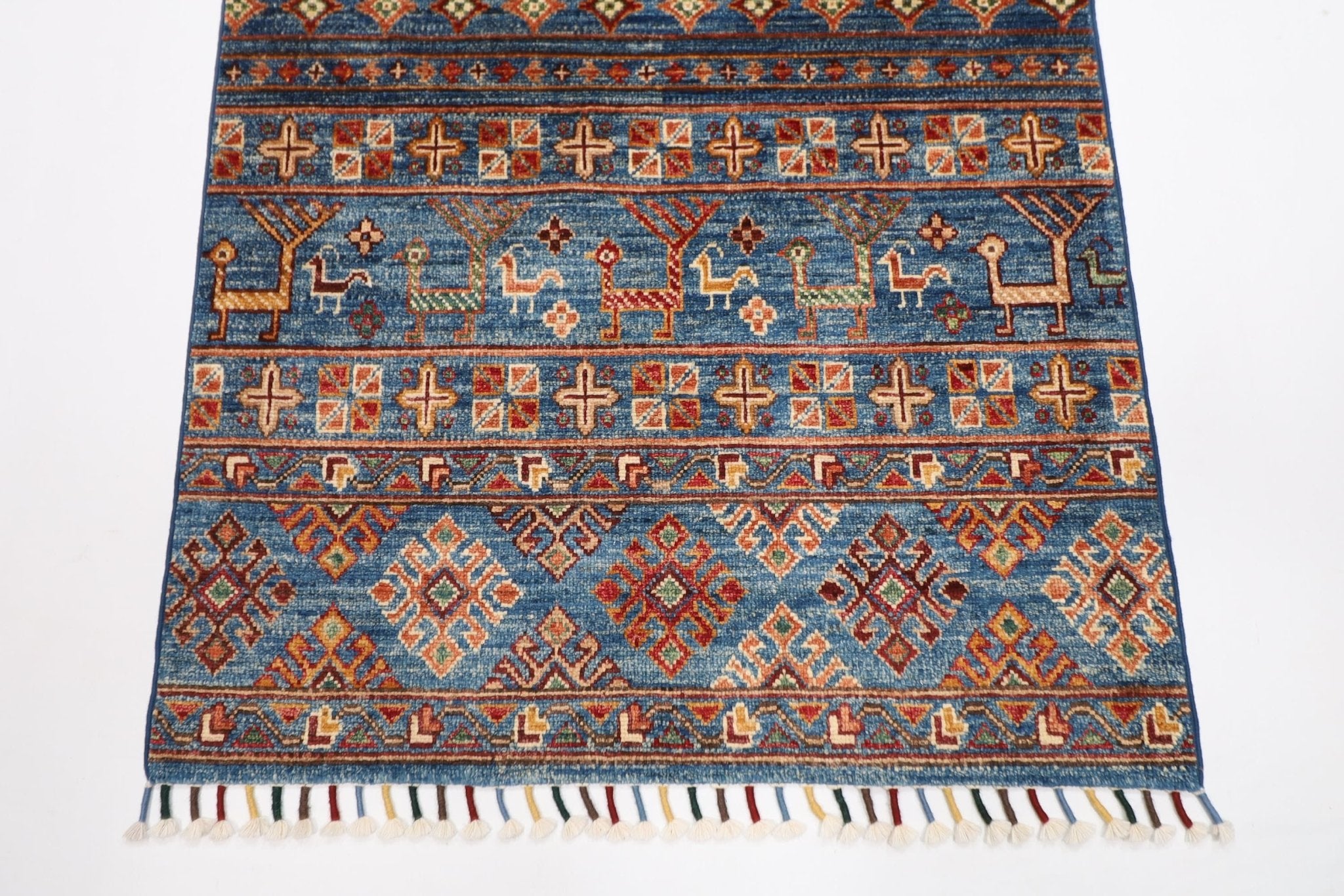 Kazak - 92 x 155 cm (3 x 5.2 ft) Tribal Blue Animal Area Rug - Jerm Rugs - Handmade Afghan Rug - Jerm Rugs