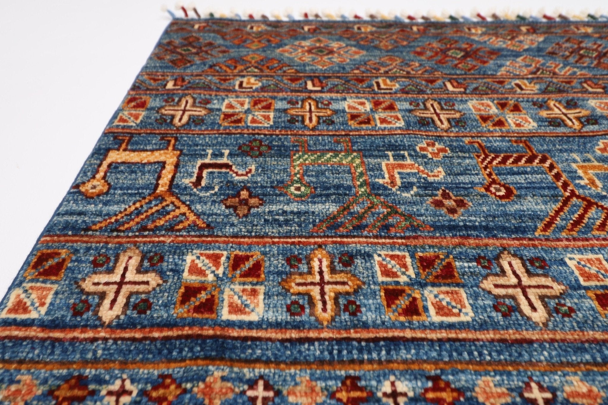 Kazak - 92 x 155 cm (3 x 5.2 ft) Tribal Blue Animal Area Rug - Jerm Rugs - Handmade Afghan Rug - Jerm Rugs