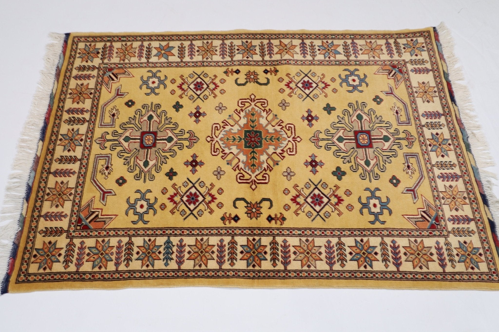 Kazak Area Rug - 3'6 x 5'1 ft (106 x 155 cm) Hand Knotted Wool Rug - Jerm Rugs - Handmade Afghan Rug - Jerm Rugs