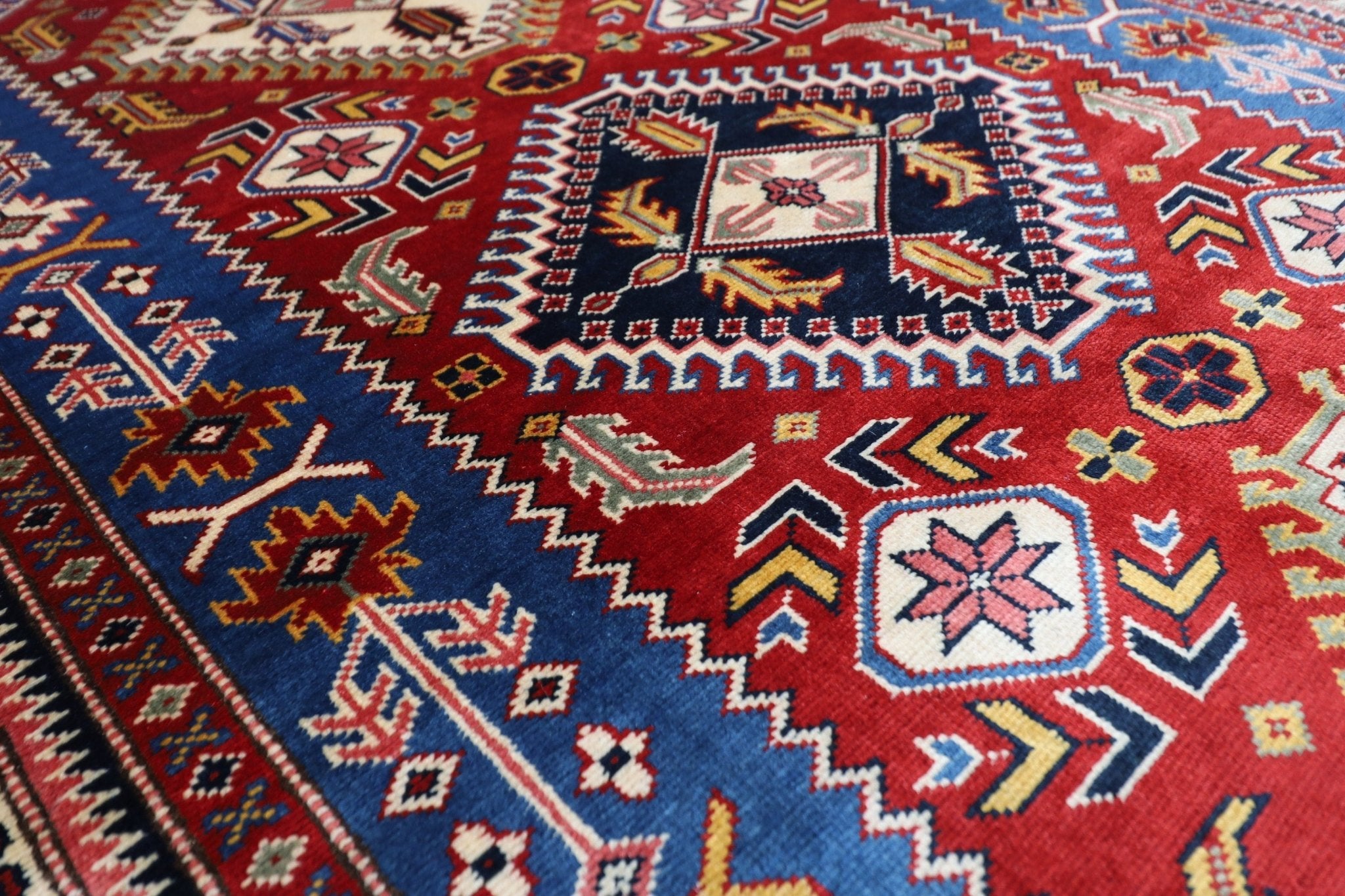 Kazak Area Rug - 4'4x6'3 ft (130 x 190 cm) Hand Knotted Afghan Wool Rug - Jerm Rugs - Handmade Afghan Rug - Jerm Rugs