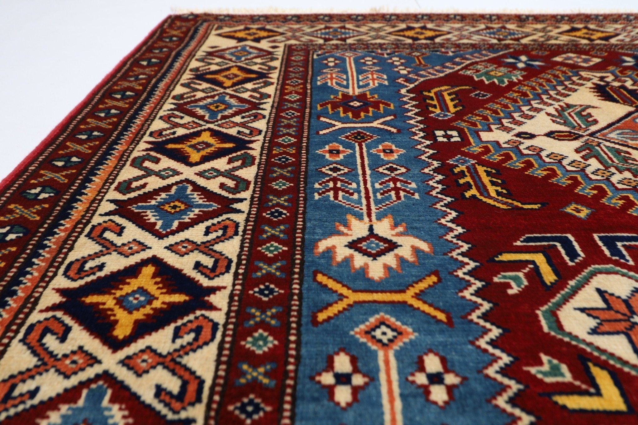 Kazak Rug - 4'2 x 6'1 ft (125 x 184 cm) Hand Knotted Afghan Wool Area Rug - Jerm Rugs - Handmade Afghan Rug - Jerm Rugs