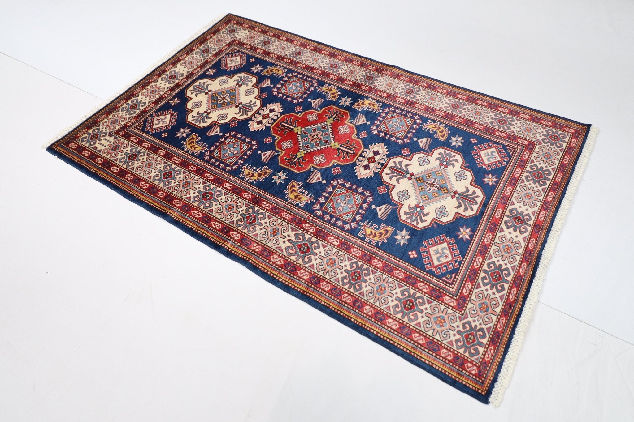 Kazak Rug - 4'2 x 6'4 ft (126 x 192 cm) Hand Knotted Afghan Wool Area Rug - Jerm Rugs - Handmade Afghan Rug - Jerm Rugs