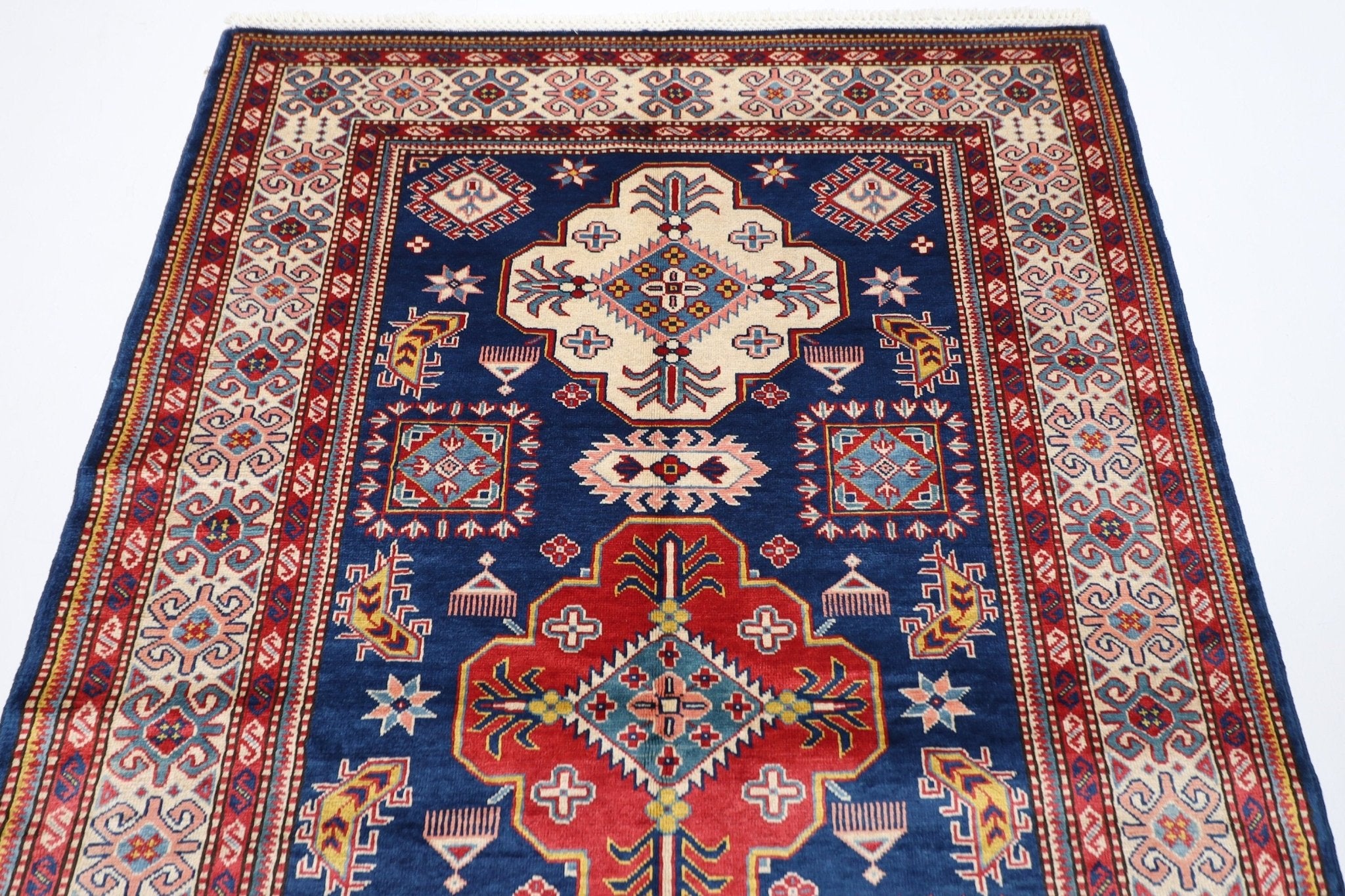 Kazak Rug - 4'2 x 6'4 ft (126 x 192 cm) Hand Knotted Afghan Wool Area Rug - Jerm Rugs - Handmade Afghan Rug - Jerm Rugs