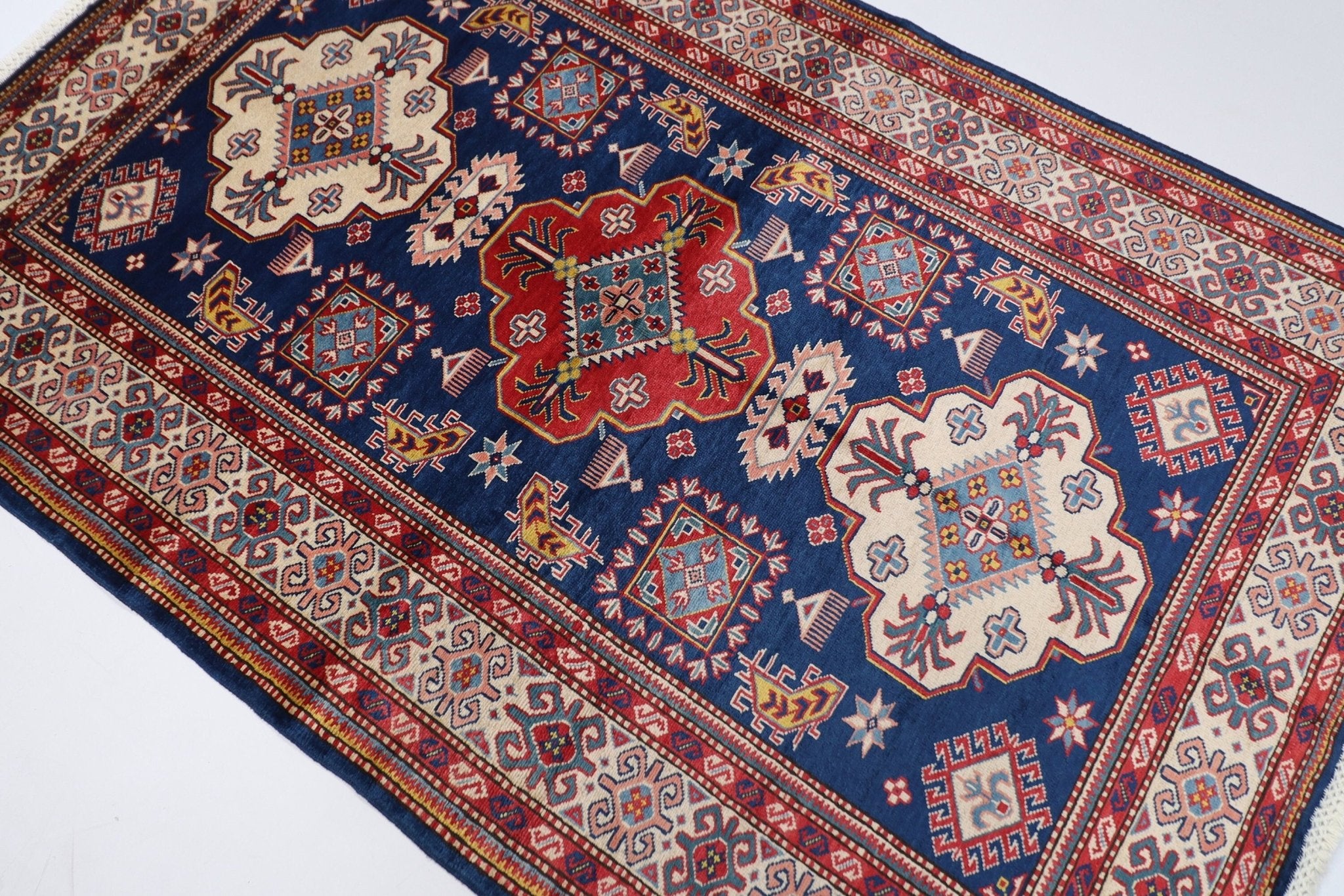 Kazak Rug - 4'2 x 6'4 ft (126 x 192 cm) Hand Knotted Afghan Wool Area Rug - Jerm Rugs - Handmade Afghan Rug - Jerm Rugs