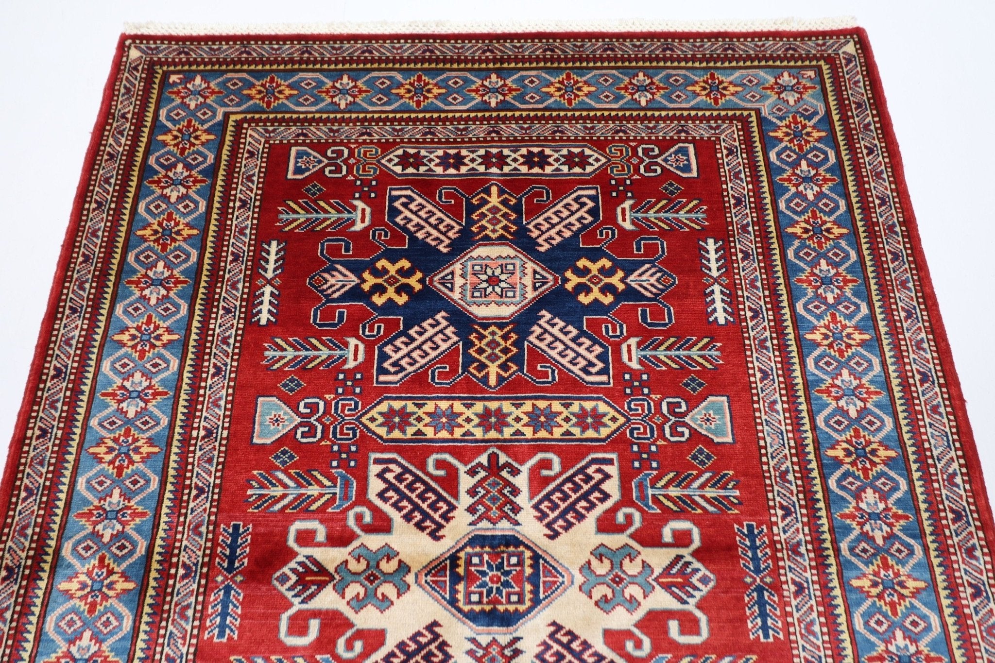 Kazak Rug - 4x6 ft (129 x 177 cm) Hand Knotted Afghan Wool Area Rug - Jerm Rugs - Handmade Afghan Rug - Jerm Rugs